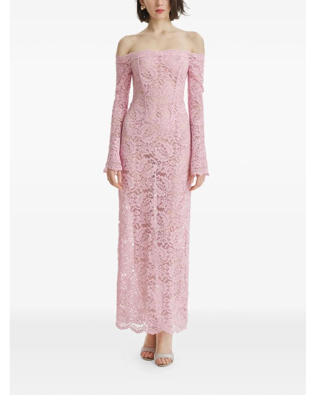 2310 STUDIO Pink Off-Shoulder Lace Maxi Dress