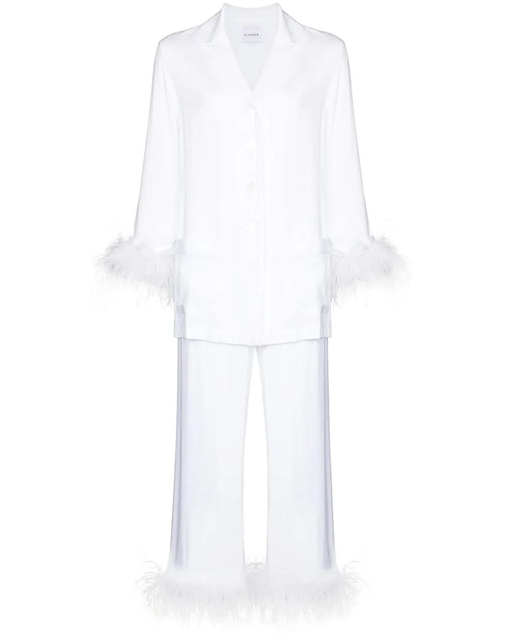 Sleeper Pyjama Met Veren Afwerking in het White