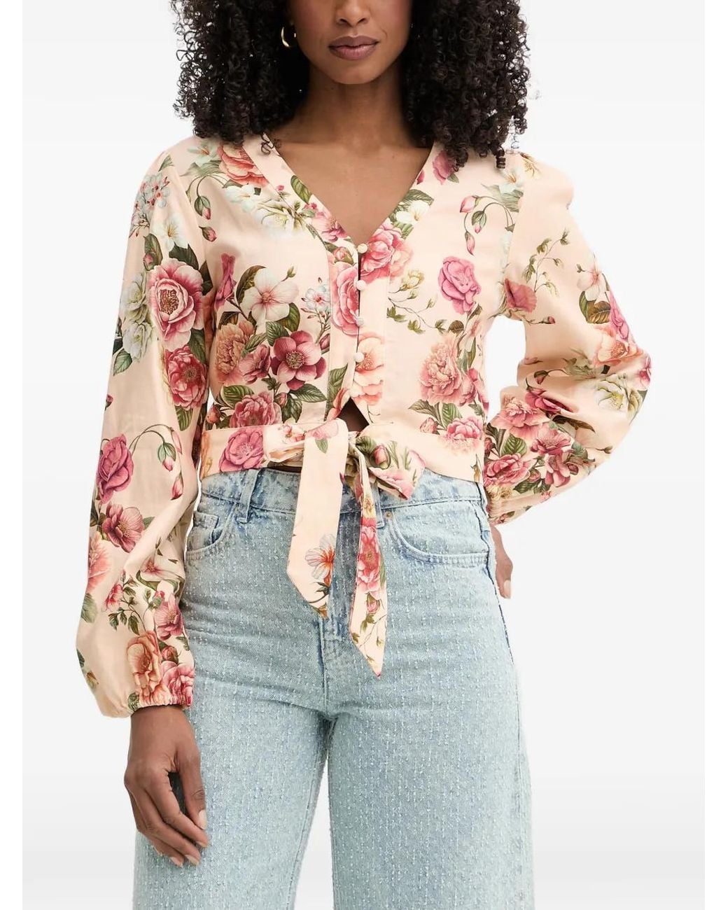 Guess Pink Floral-Print Tie-Waist Blouse