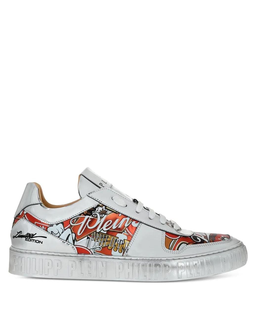 Philipp Plein White Metallic Leather Eagle-Print Sneakers