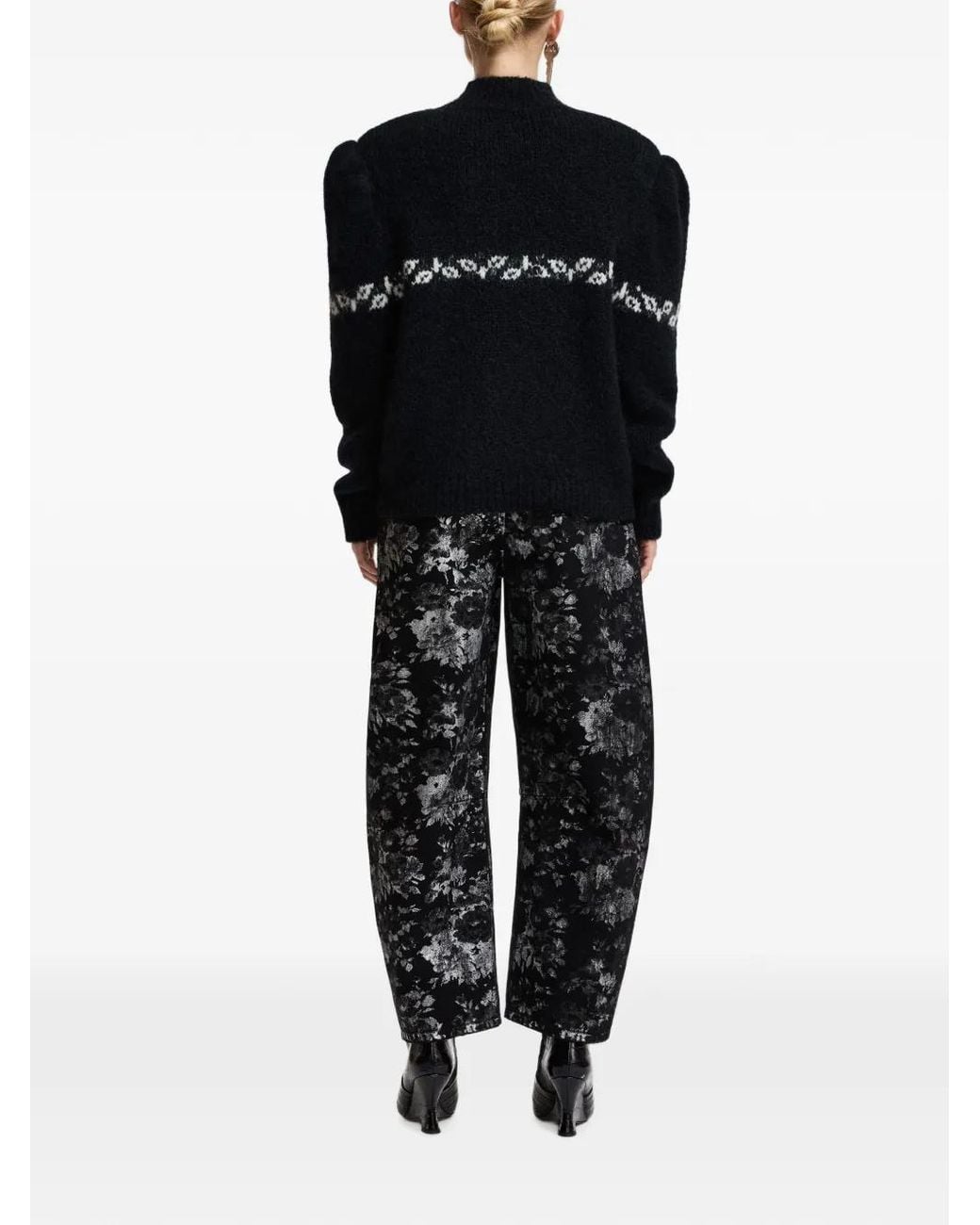 Essentiel Antwerp Black Kalendar Floral-Jacquard Stand-Up Collar Sweater