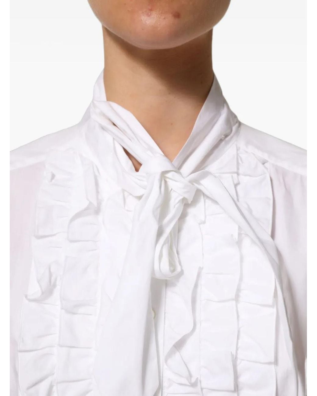 Dolce & Gabbana White Ruffled-Bib Pussy-Bow Blouse