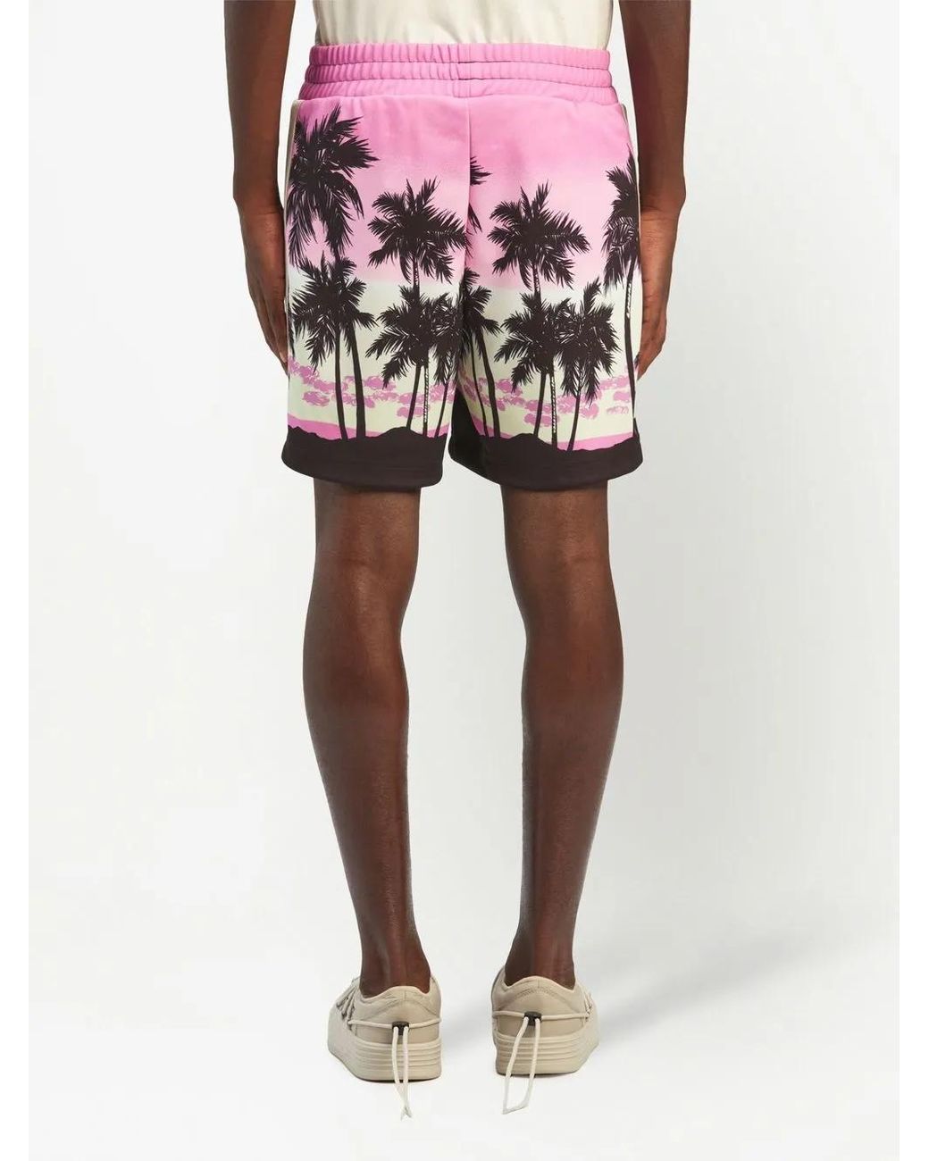 Palm Angels Pink Sunset-Print Striped Track Shorts for men