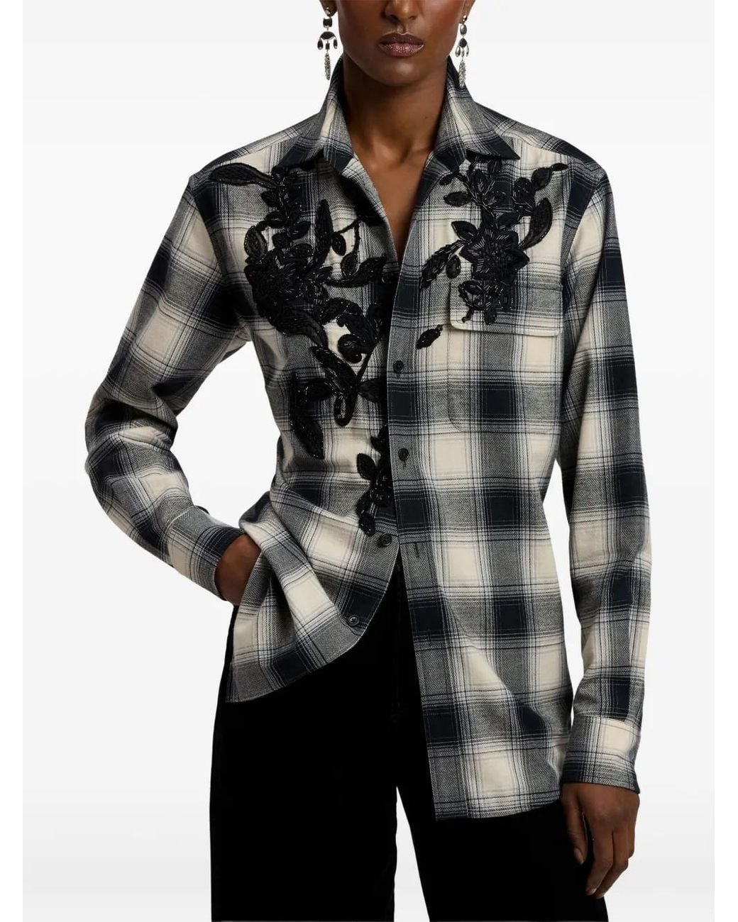 Ralph Lauren Black Checked Beaded-Embroidery Shirt