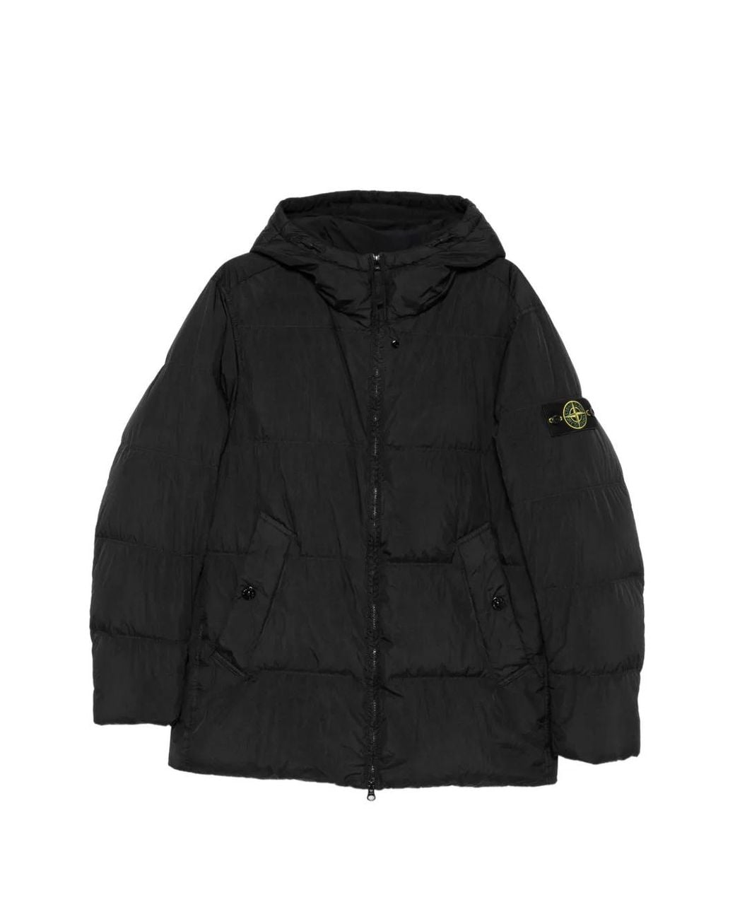 Stone Island Black Crinkle Reps Ny Hooded Down Jacket With Logo Badge On The Left Sleeve for men