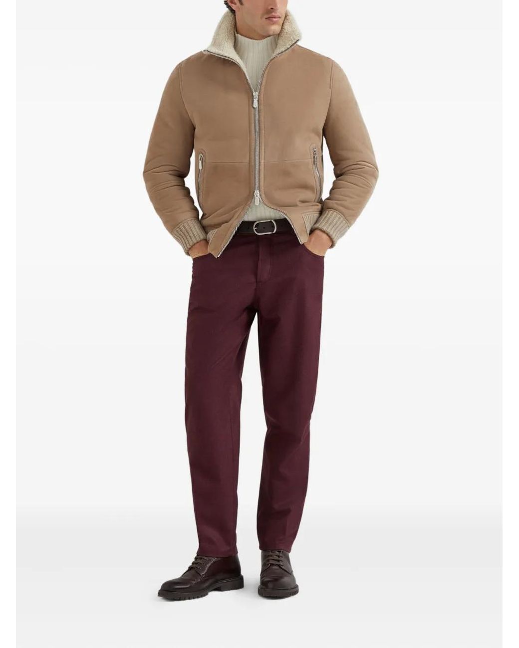 Brunello Cucinelli Brown Suede Jacket With Shearling Collar for men