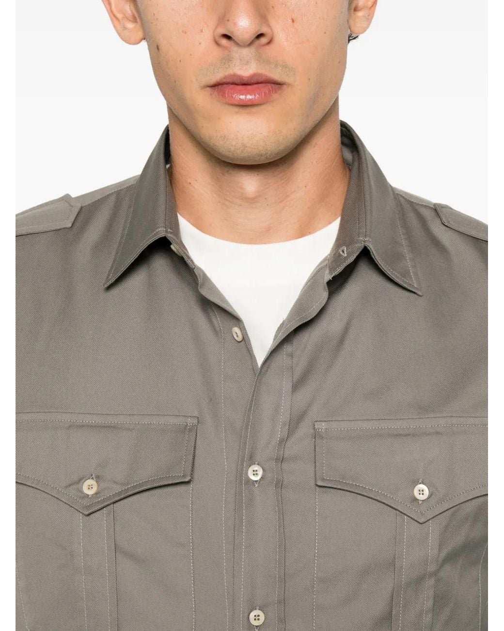 Brunello Cucinelli Gray Epaulette Chest-Pocket Shirt for men