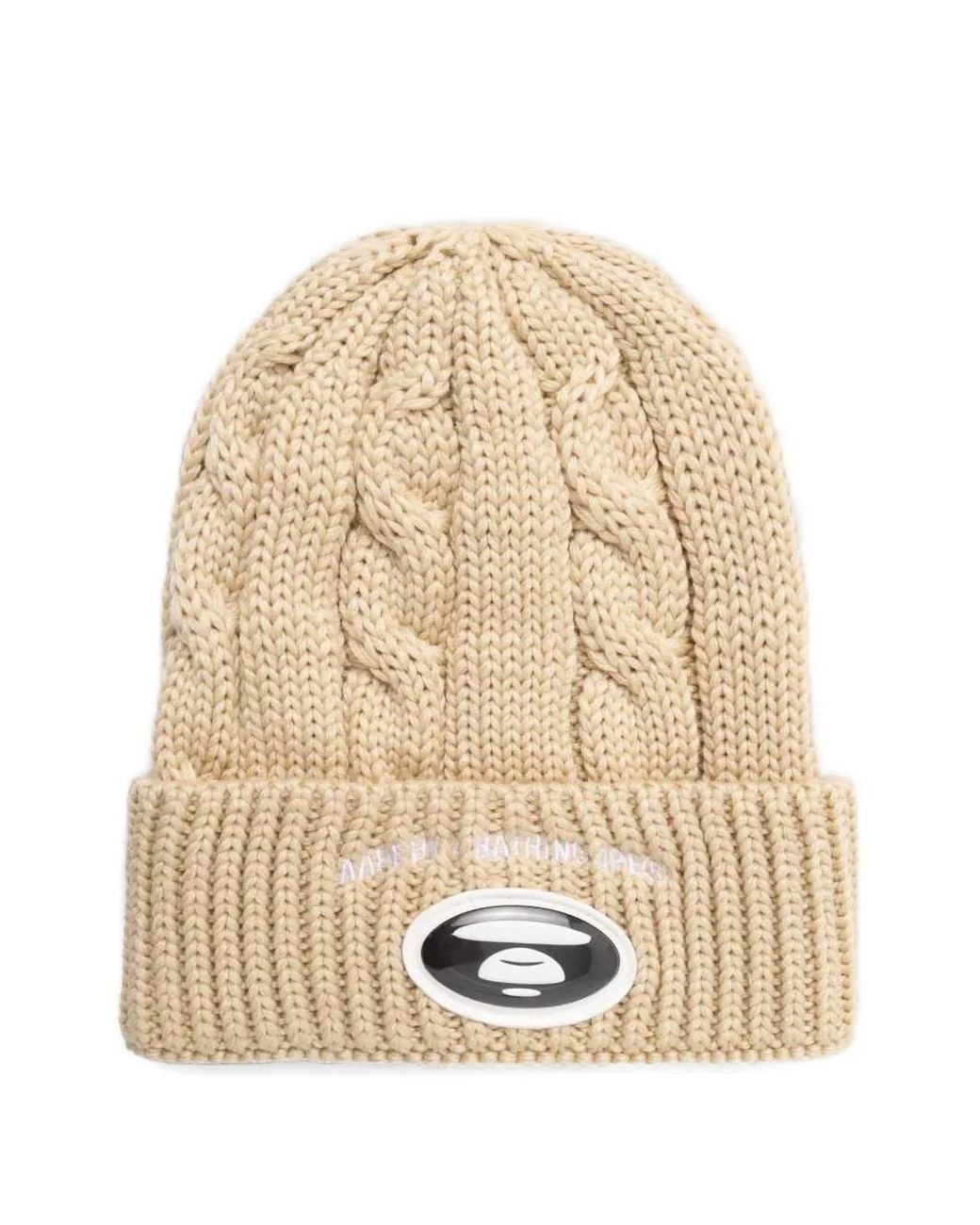 A Bathing Ape Natural Cable-Knit Logo-Patch Beanie for men