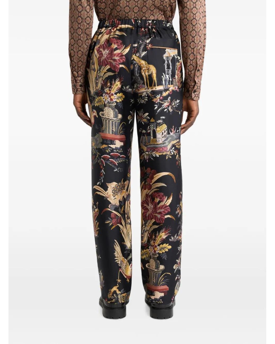 Etro Black Silk Pyjama-Style Trousers With Flower And Animal Motif for men