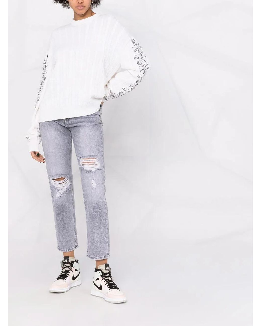 Philipp Plein White Sequin Skull Pullover Jumper