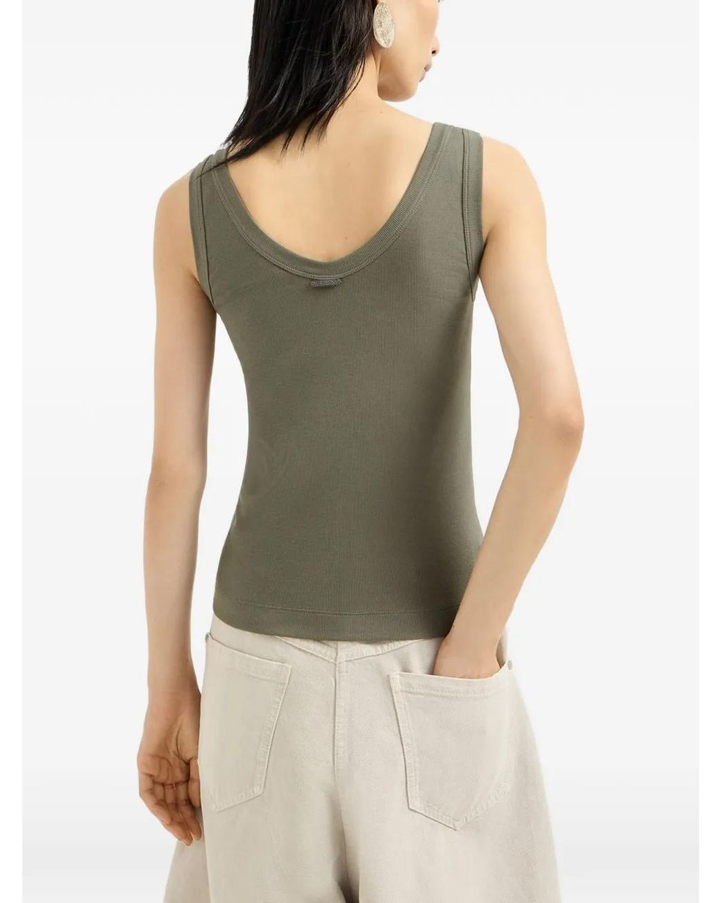 Brunello Cucinelli Green Stretch Cotton Ribbed Jersey Top With Monili