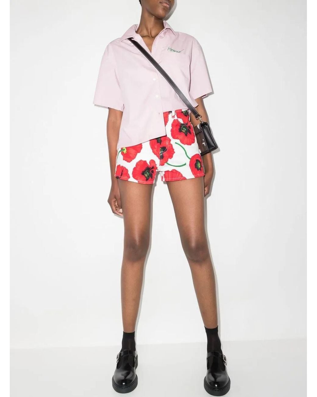 KENZO Red Poppy-Print Mini Shorts