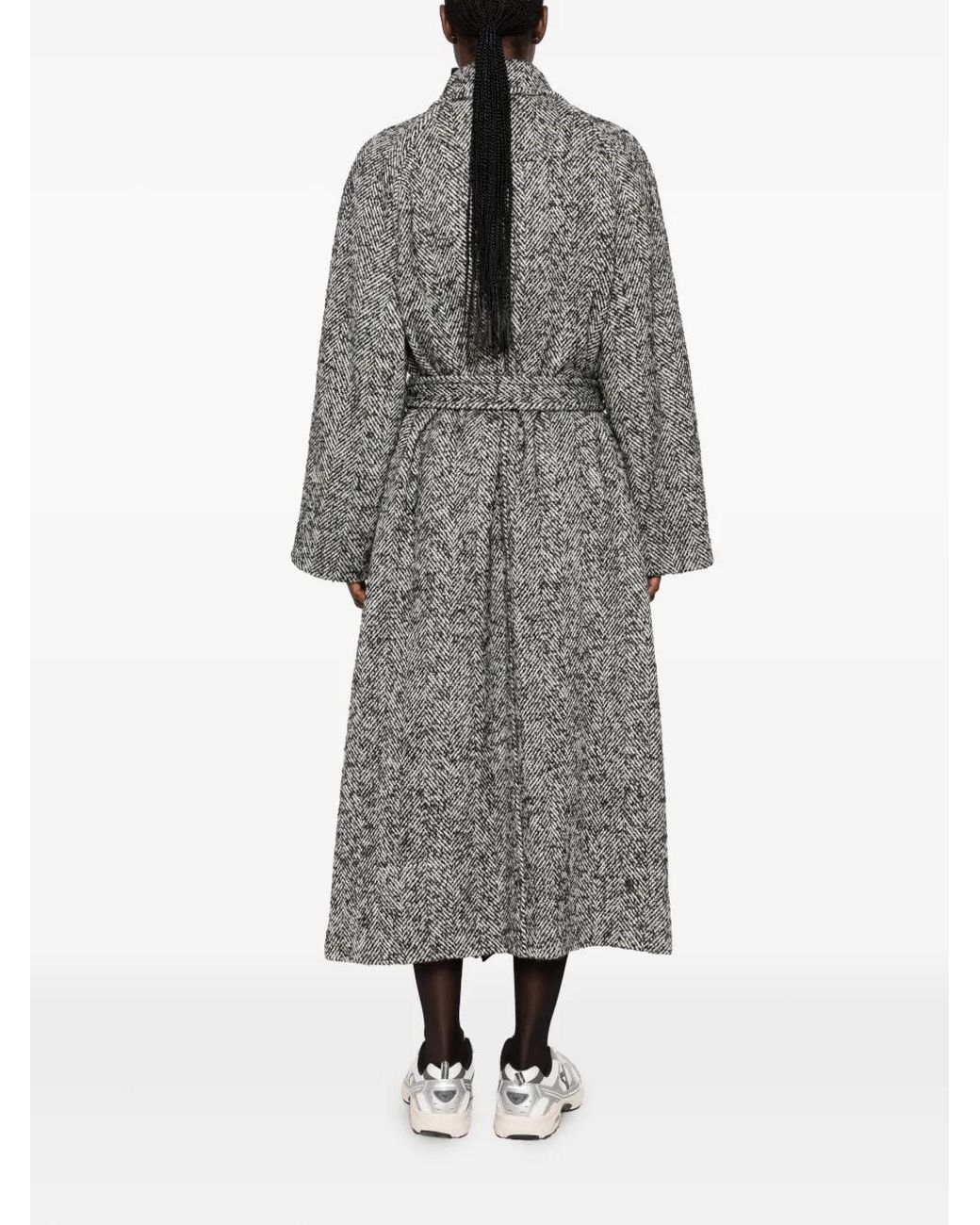 Juun.J Gray Herringbone-Pattern Belted Coat
