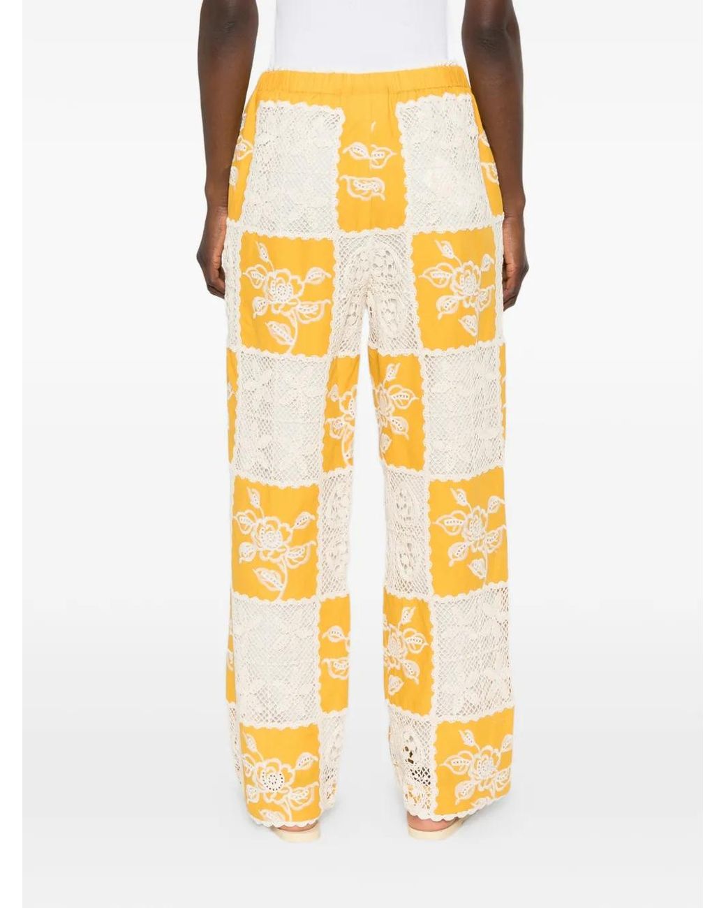 Farm Rio Yellow Crochet-Knit Patchwork Trousers
