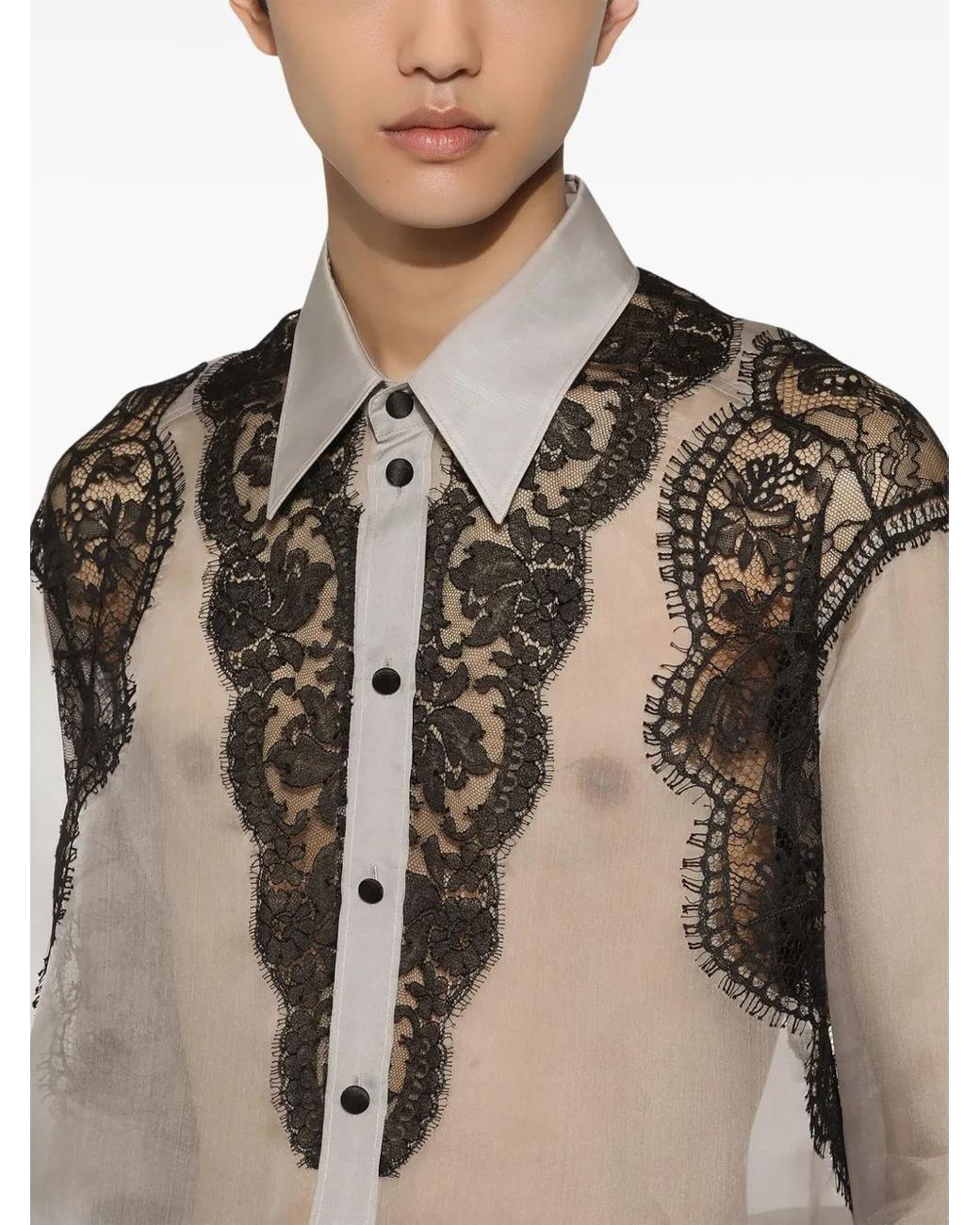 Dolce & Gabbana Gray Sheer Lace Silk Shirt for men