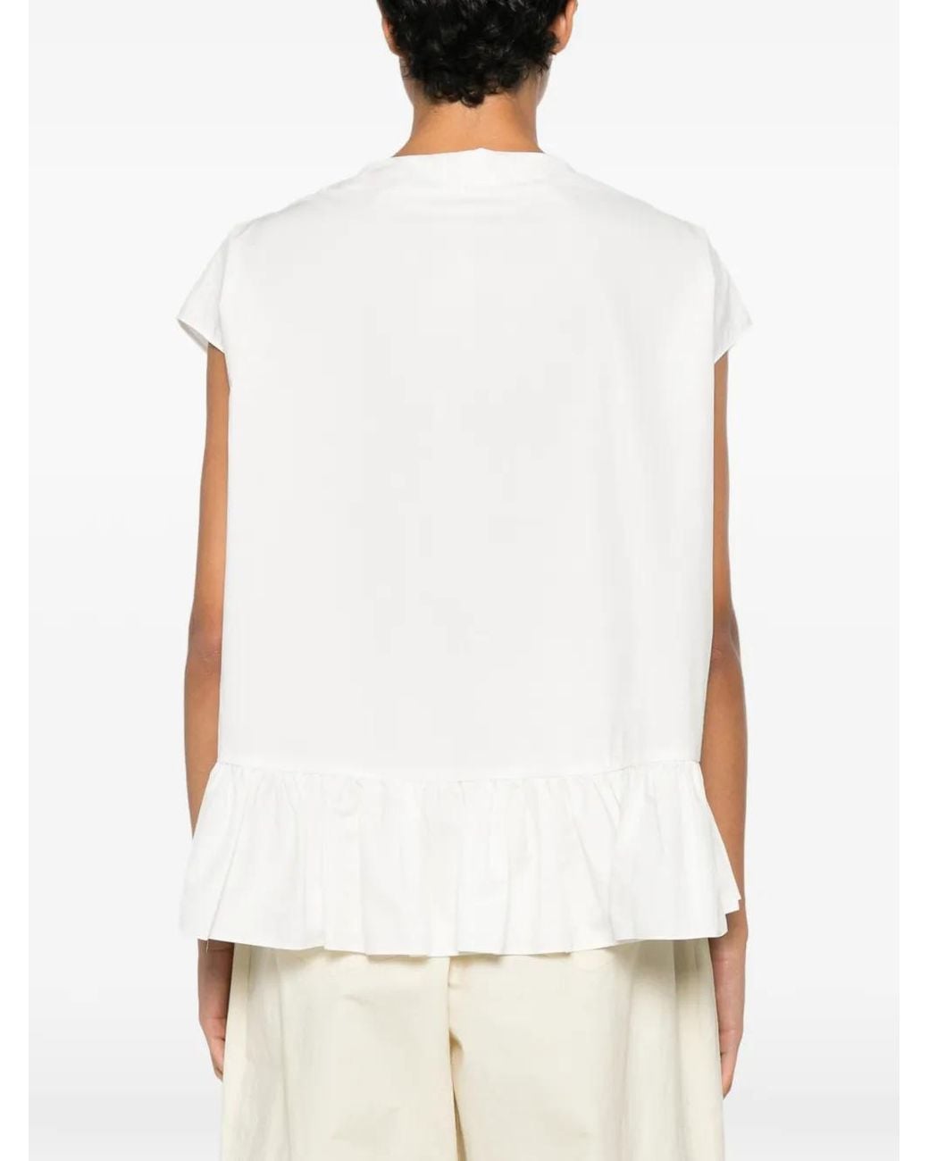 Psophia White Ruffled-Hem V-Neck Cotton Blouse