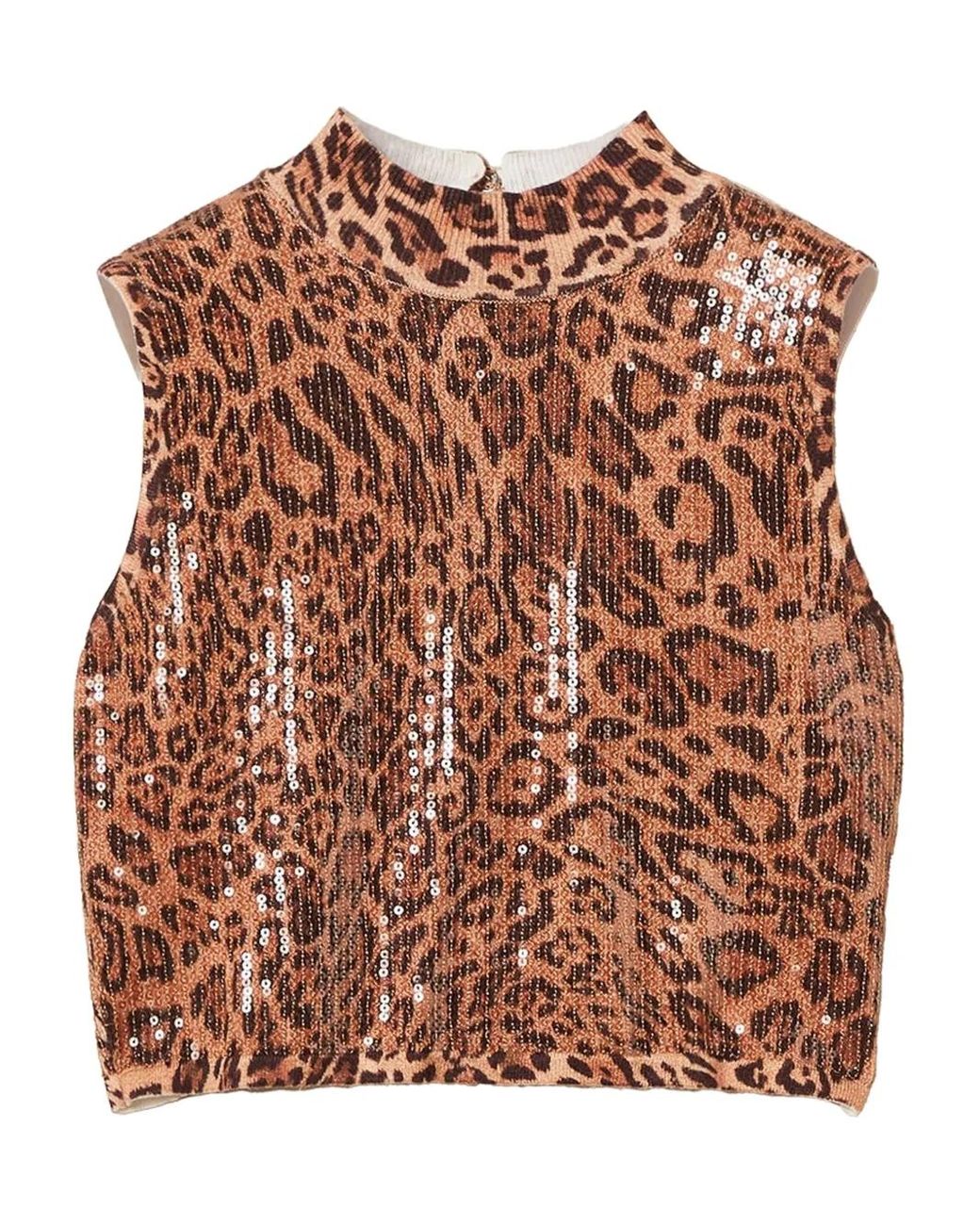 Twinset Brown Leopard-Print Sequin-Embellished Top