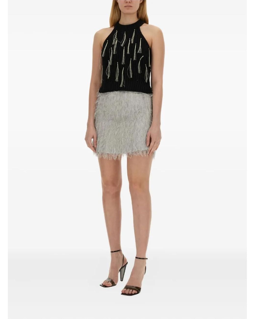 Alysi Black Halter-Neck Tassel Top