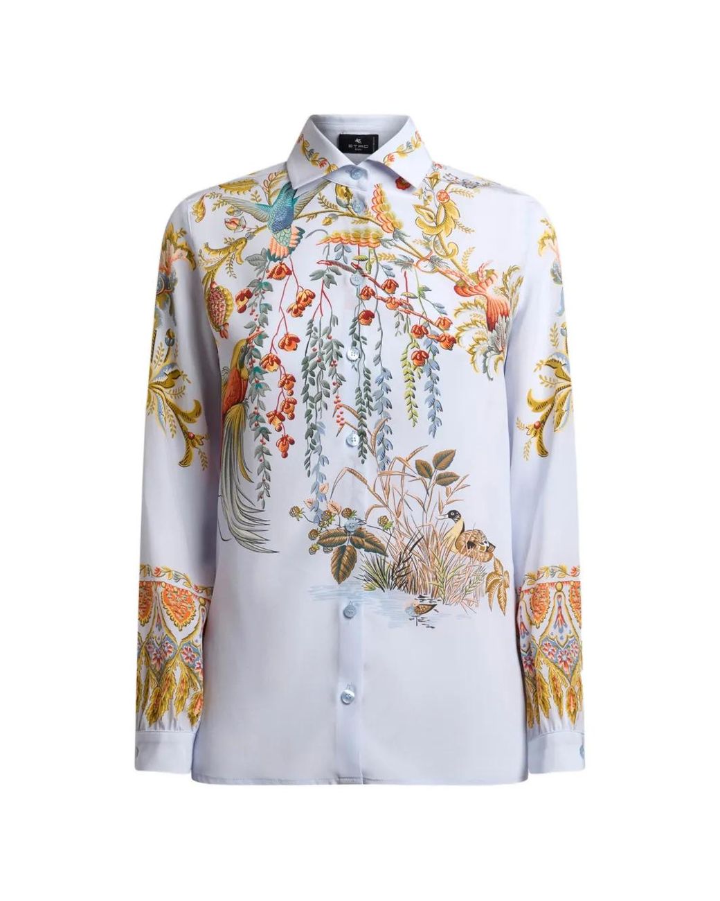 Etro White Silk Shirt With Placed Flora And Fauna Print