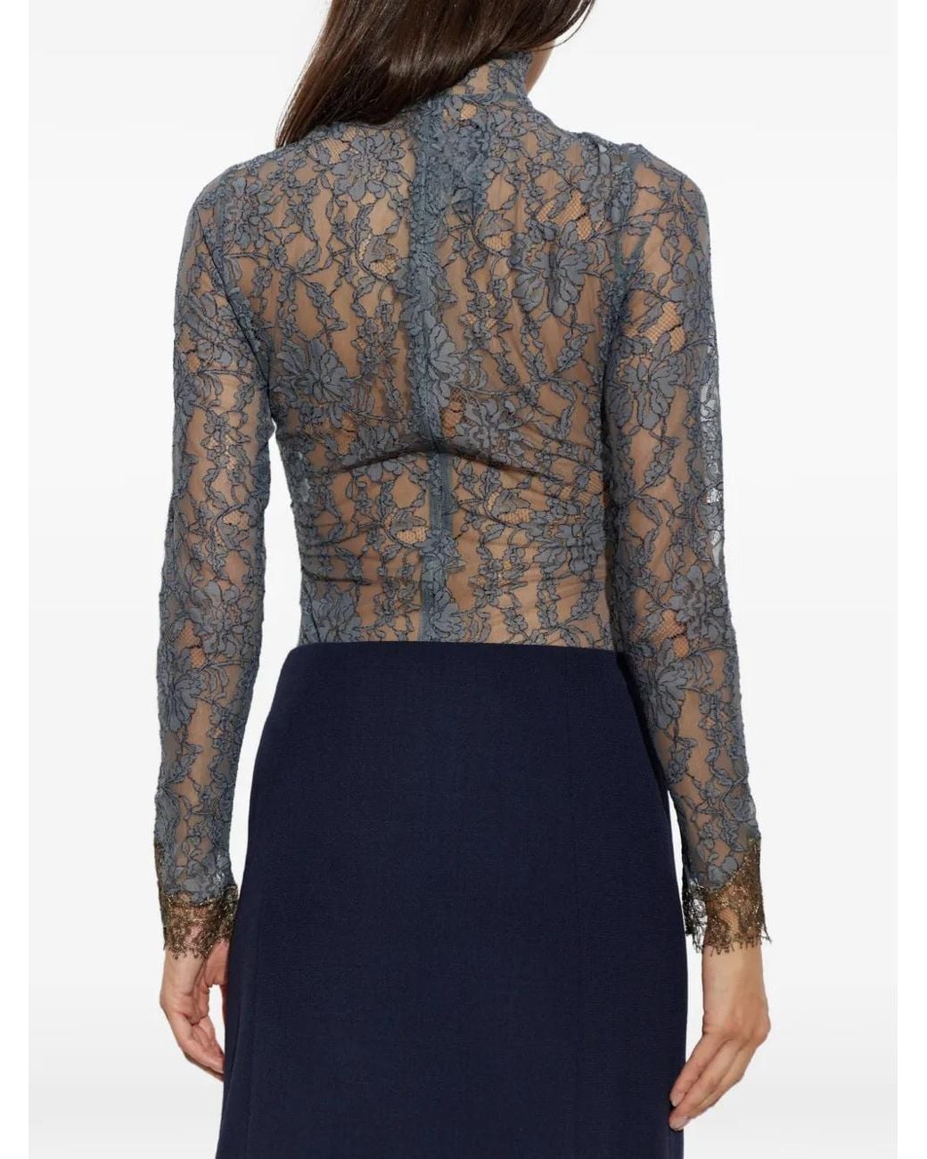 Valentino Garavani Gray Floral-Lace Long-Sleeve Bodysuit
