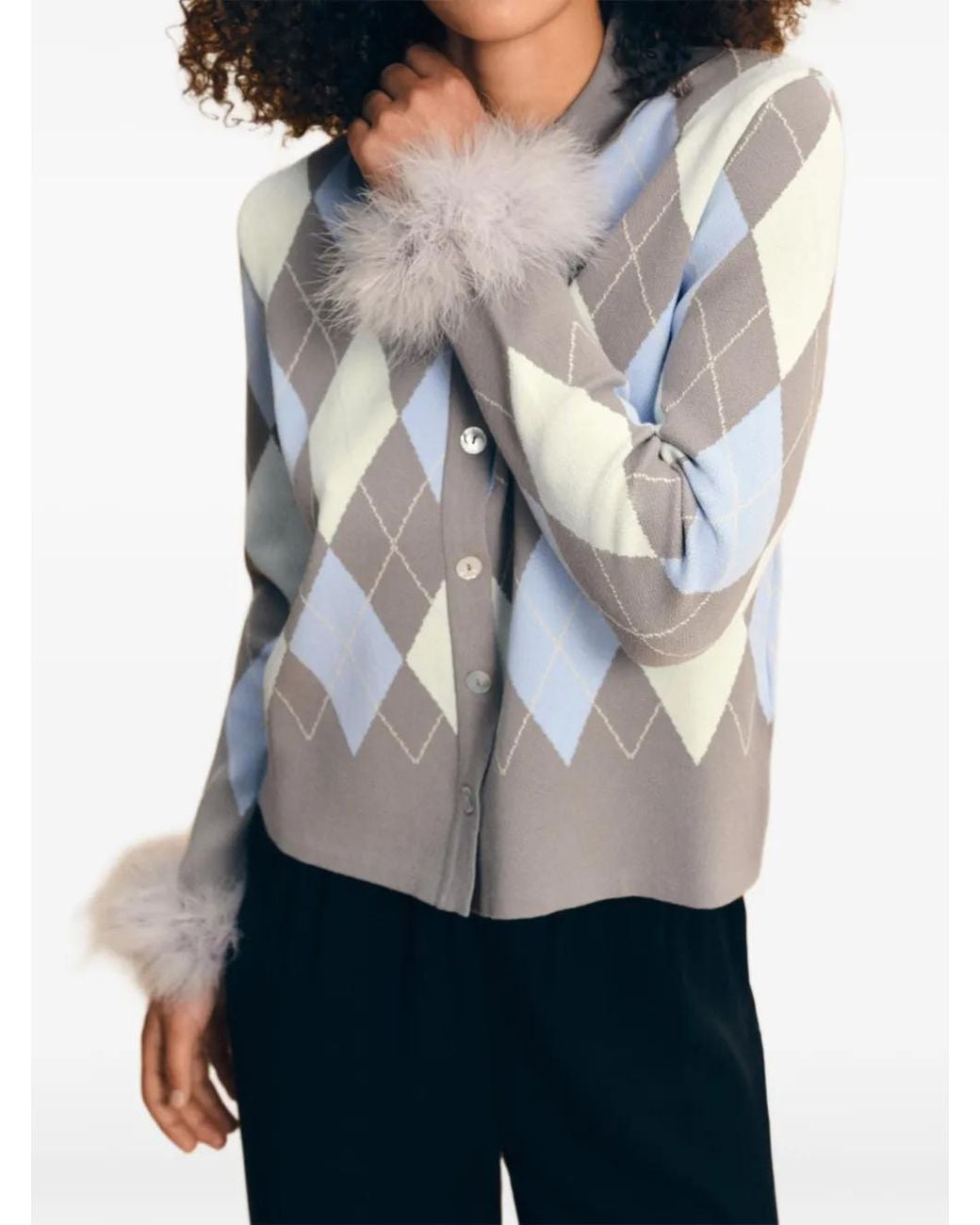 Sleeper Blue Argyle Feather-Trim Cardigan