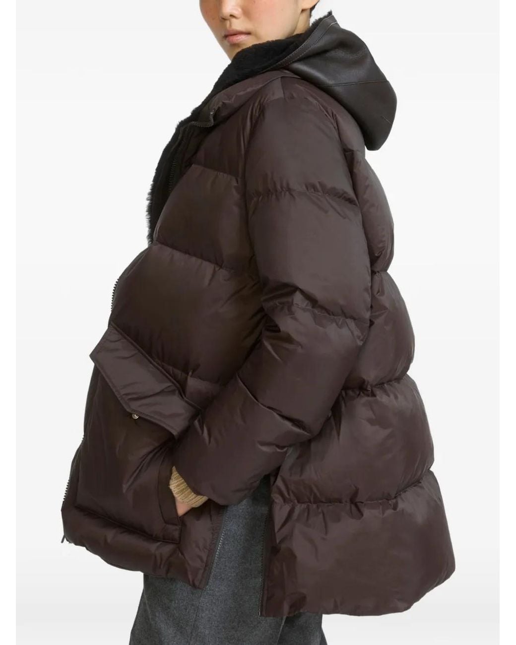 Yves Salomon Brown A-Line Shearling-Panel Down Coat