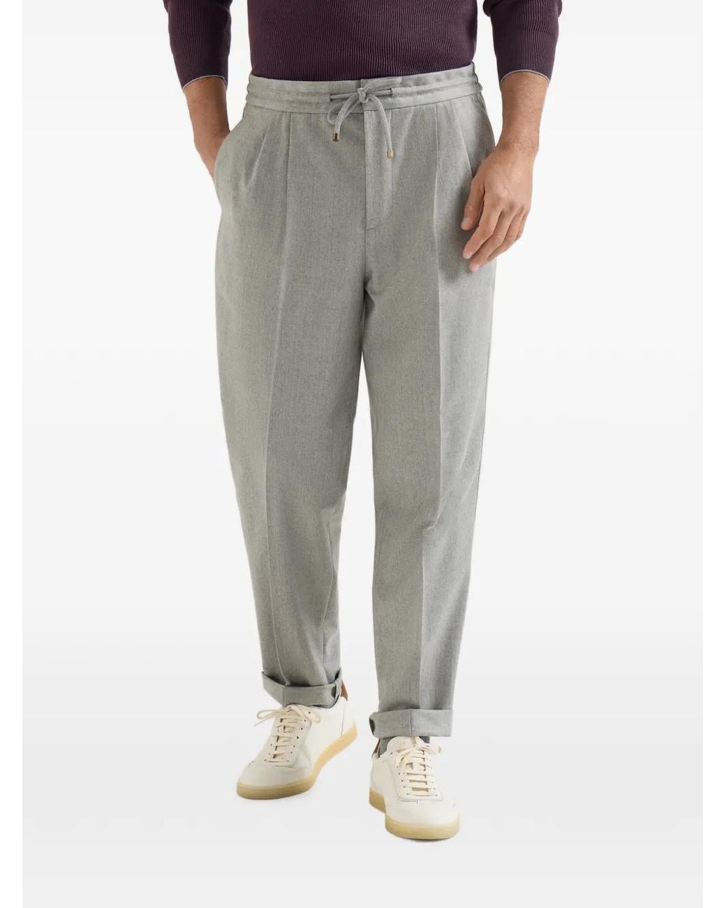 Brunello Cucinelli Gray Virgin Wool Pants With Drawstring for men