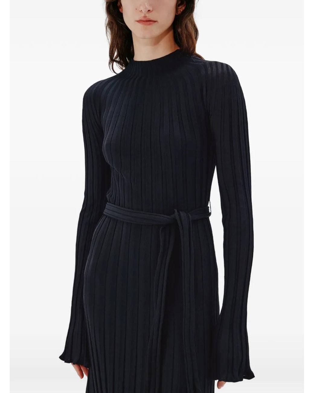 Another Tomorrow Blue Long Ribbed-Knit Flared Dress