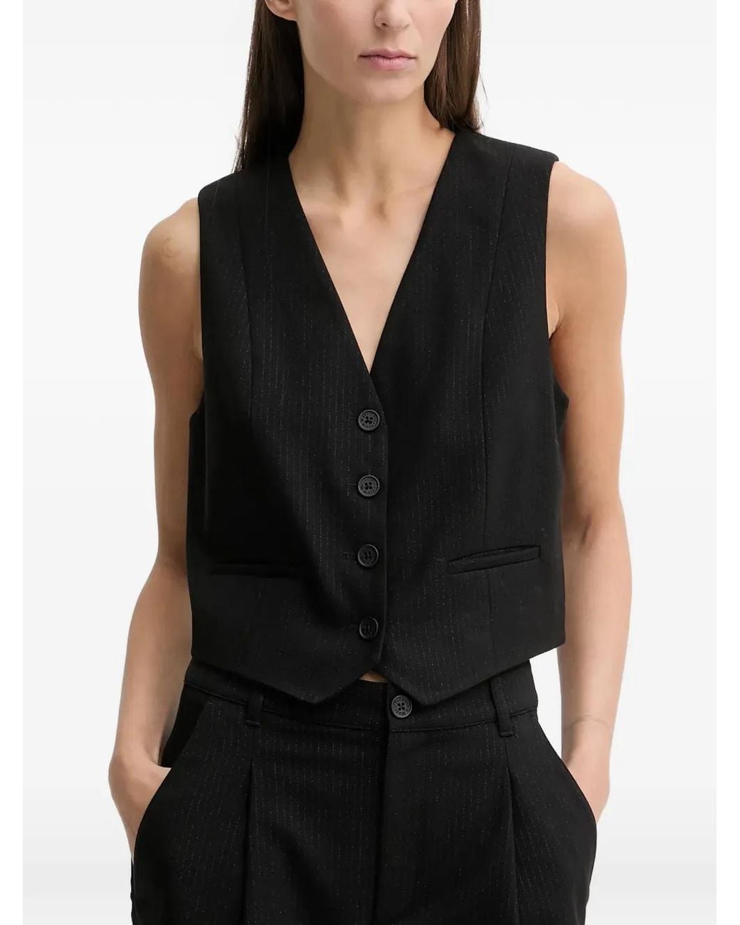 Marc O' Polo Black Button Striped V-Neck Top