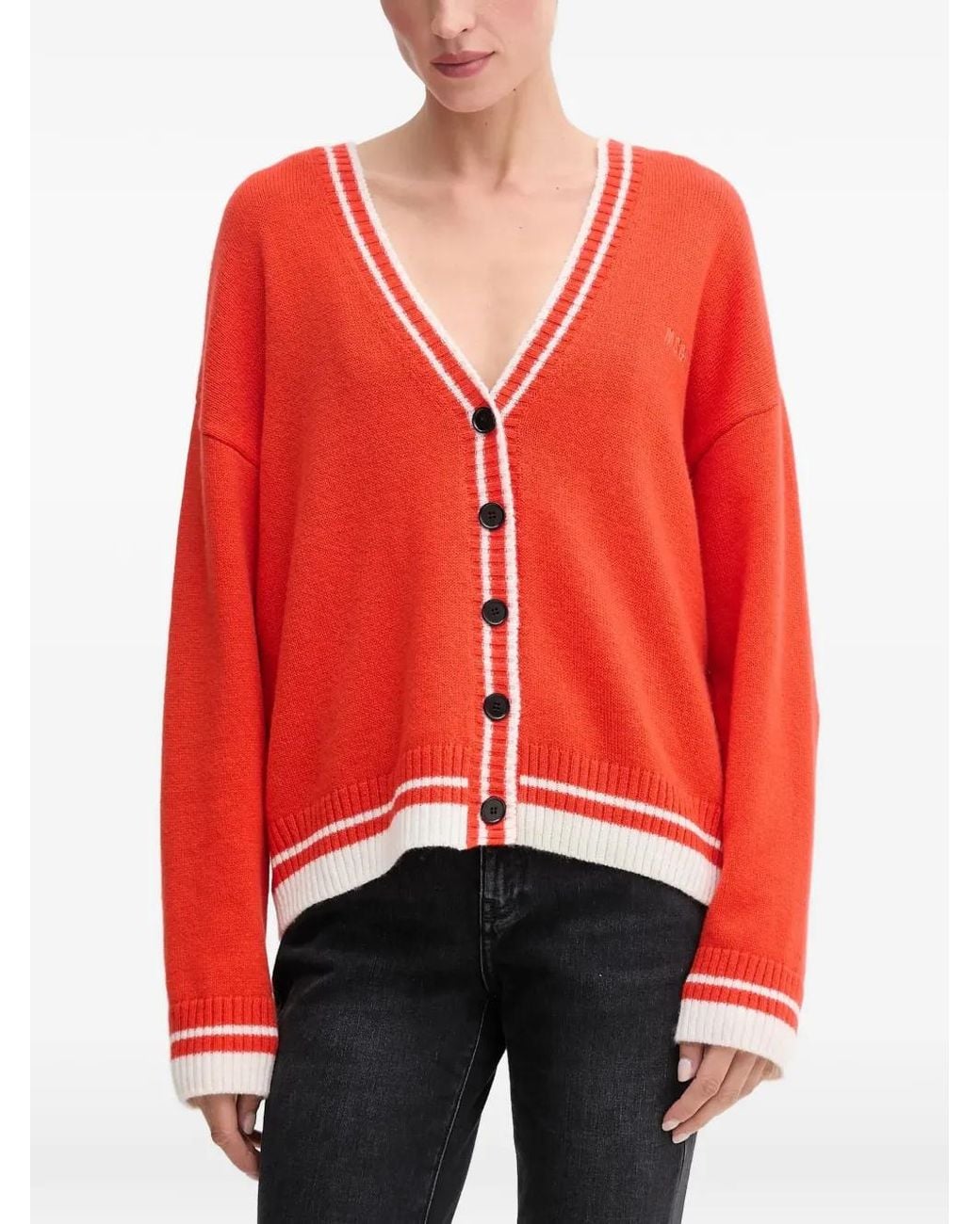 MSGM Red Striped V-Neck Cardigan