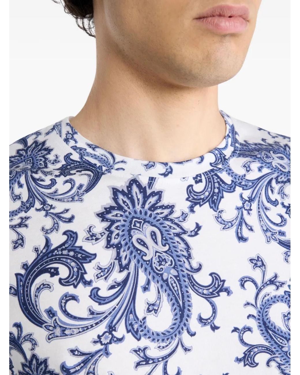 Etro Blue Leafy Paisley Motif T-Shirt for men