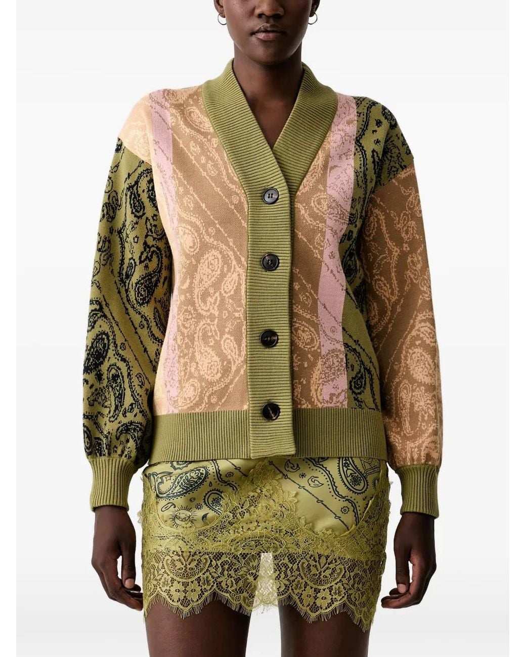 Never Fully Dressed Green Paisley-Print Intarsia-Knit Cardigan