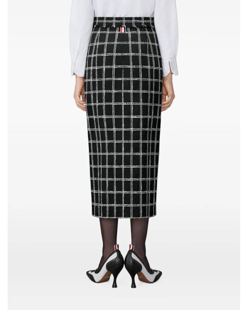 Thom Browne Black Windowpane Houndstooth Tweed Skirt With Frayed-Edge