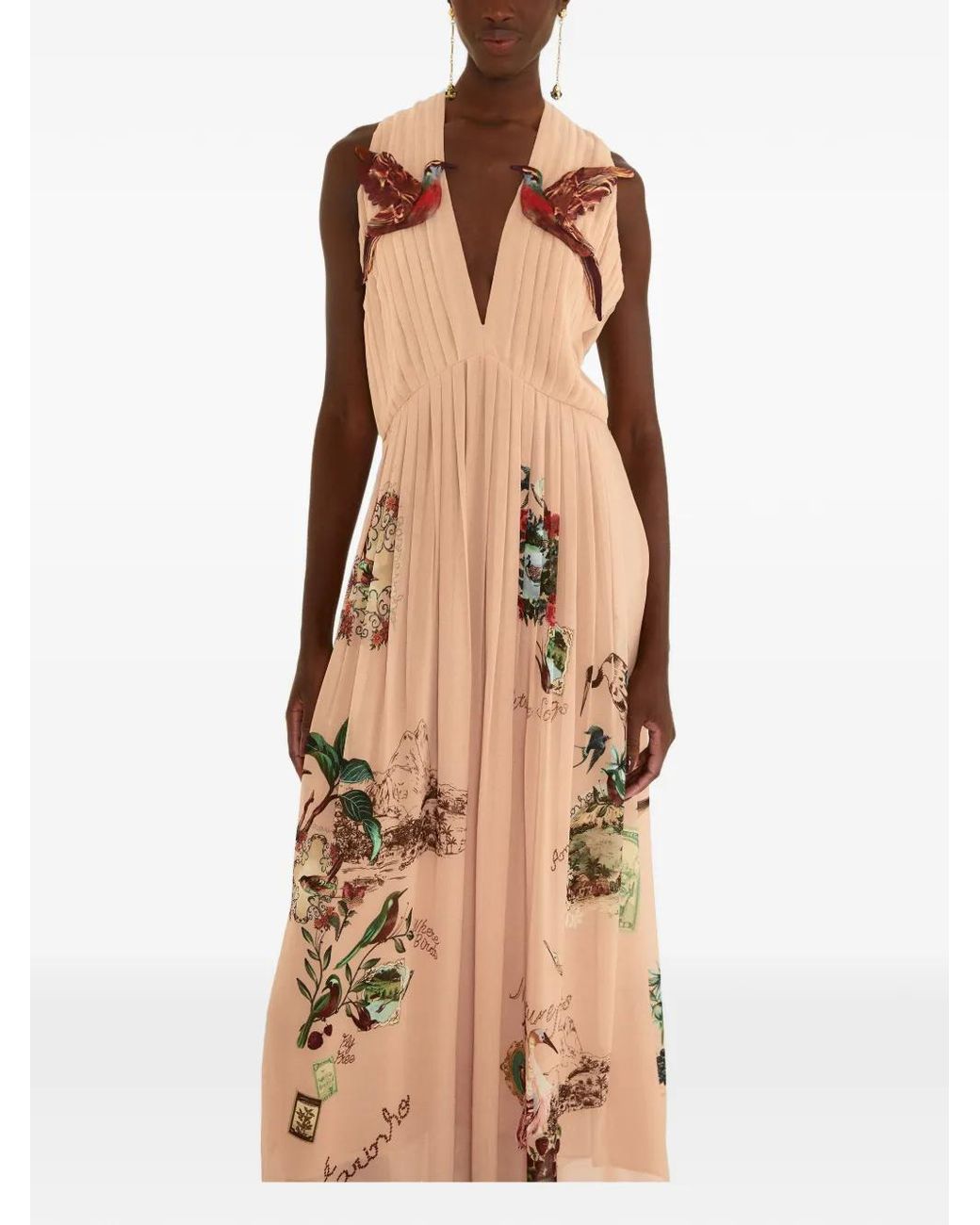 Farm Rio Natural Bird Poetry Hummingbird-Appliqué Dress