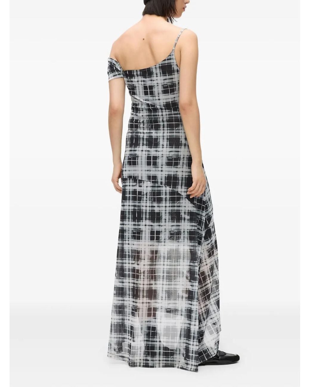 Karl Lagerfeld Gray Checked One-Shoulder Maxi Dress
