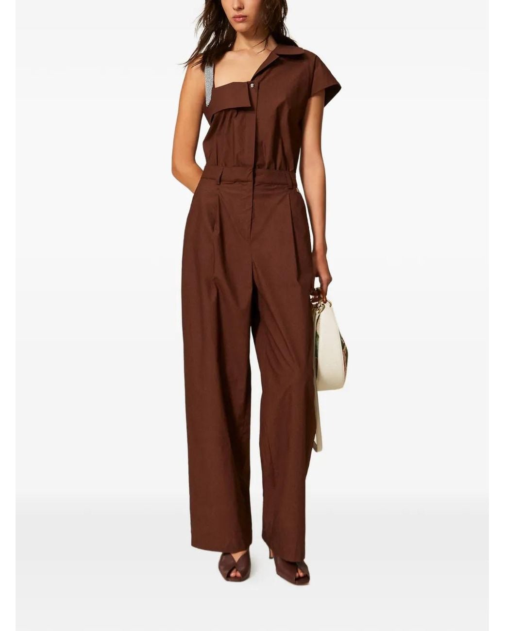Twinset Brown Recycled Poplin One Shoulder Jumpsuit