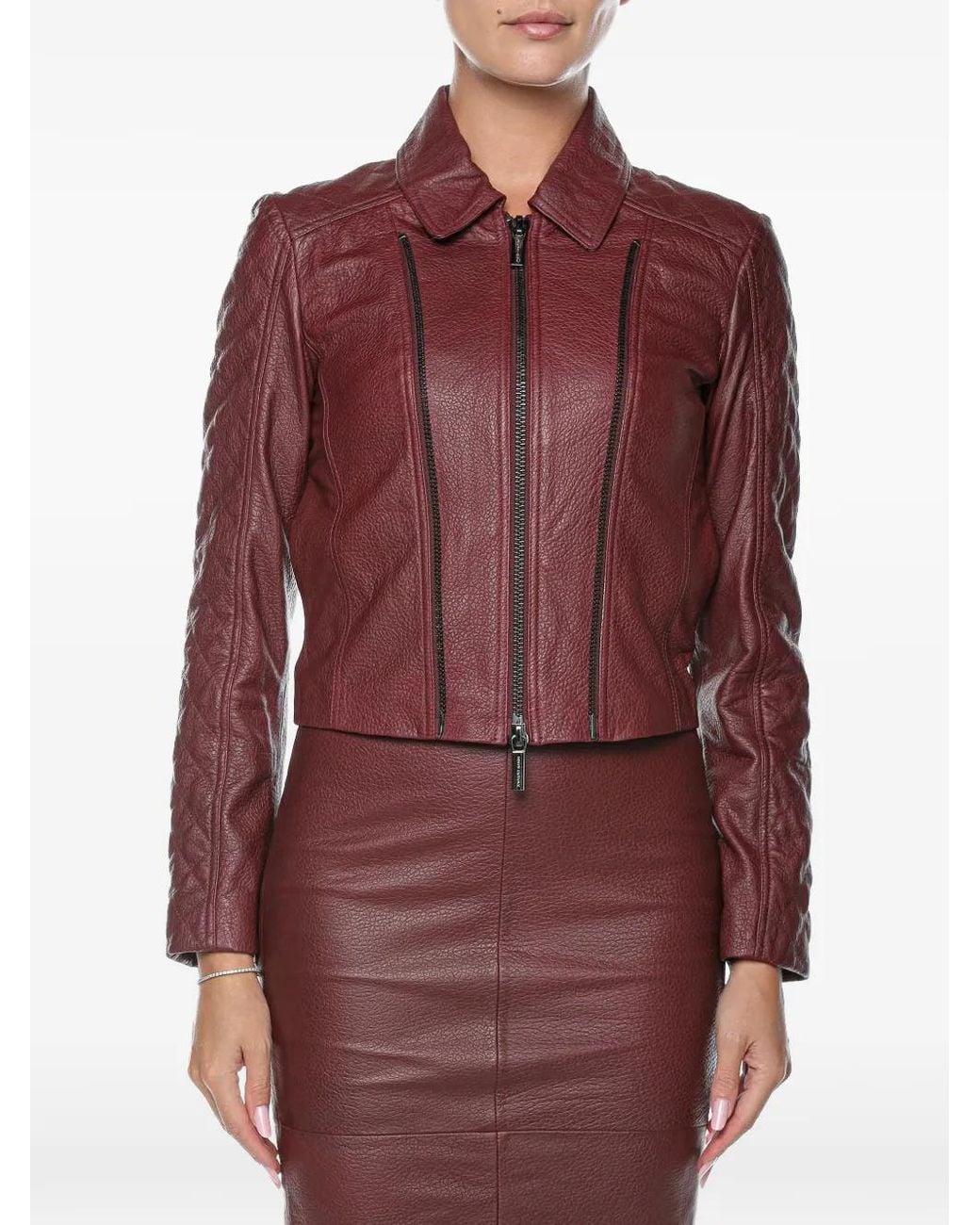 ARMANI EXCHANGE Red Quilted-Sleeve Leather Jacket