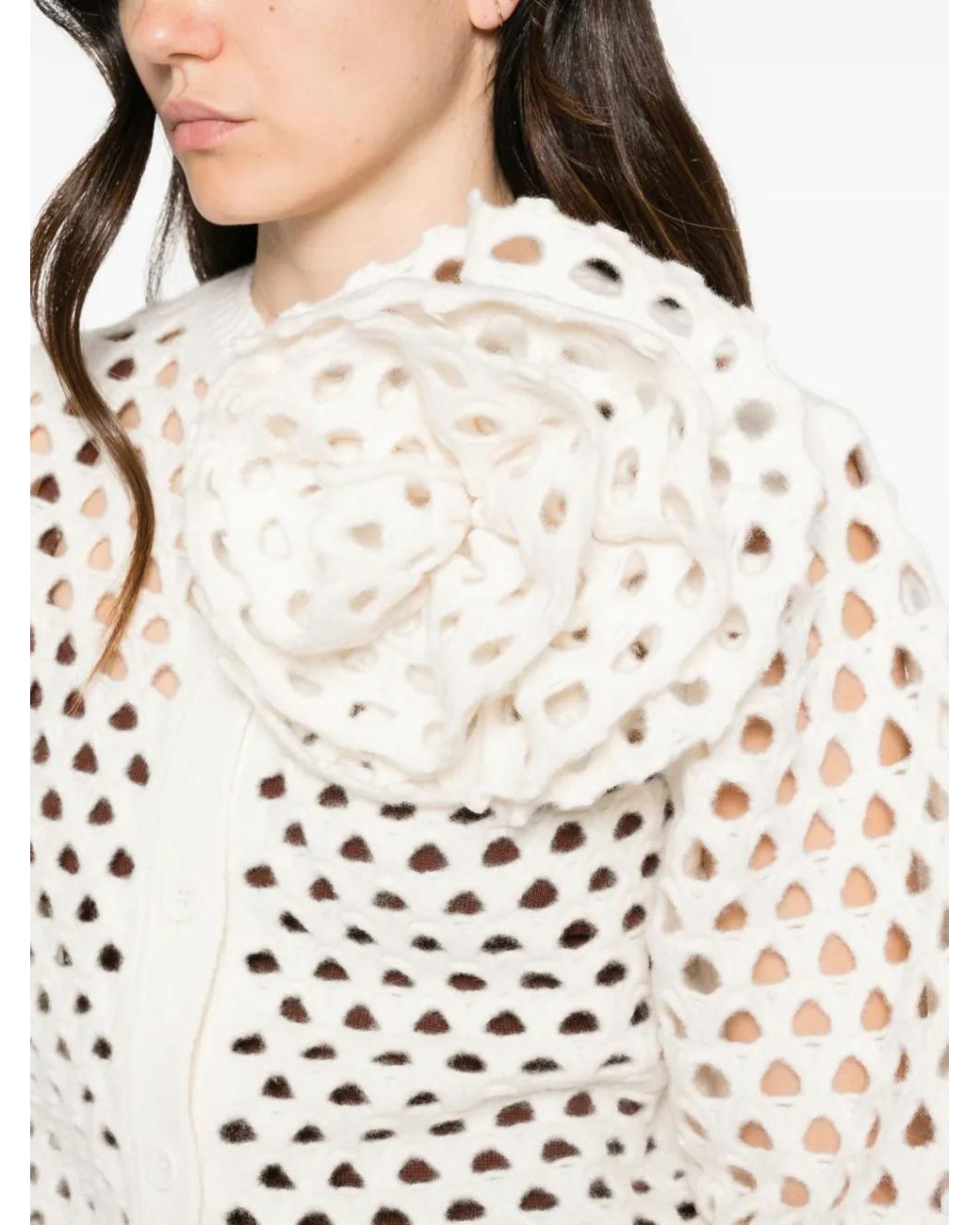 Blumarine White Openwork Wool Cardigan With 3D Rose