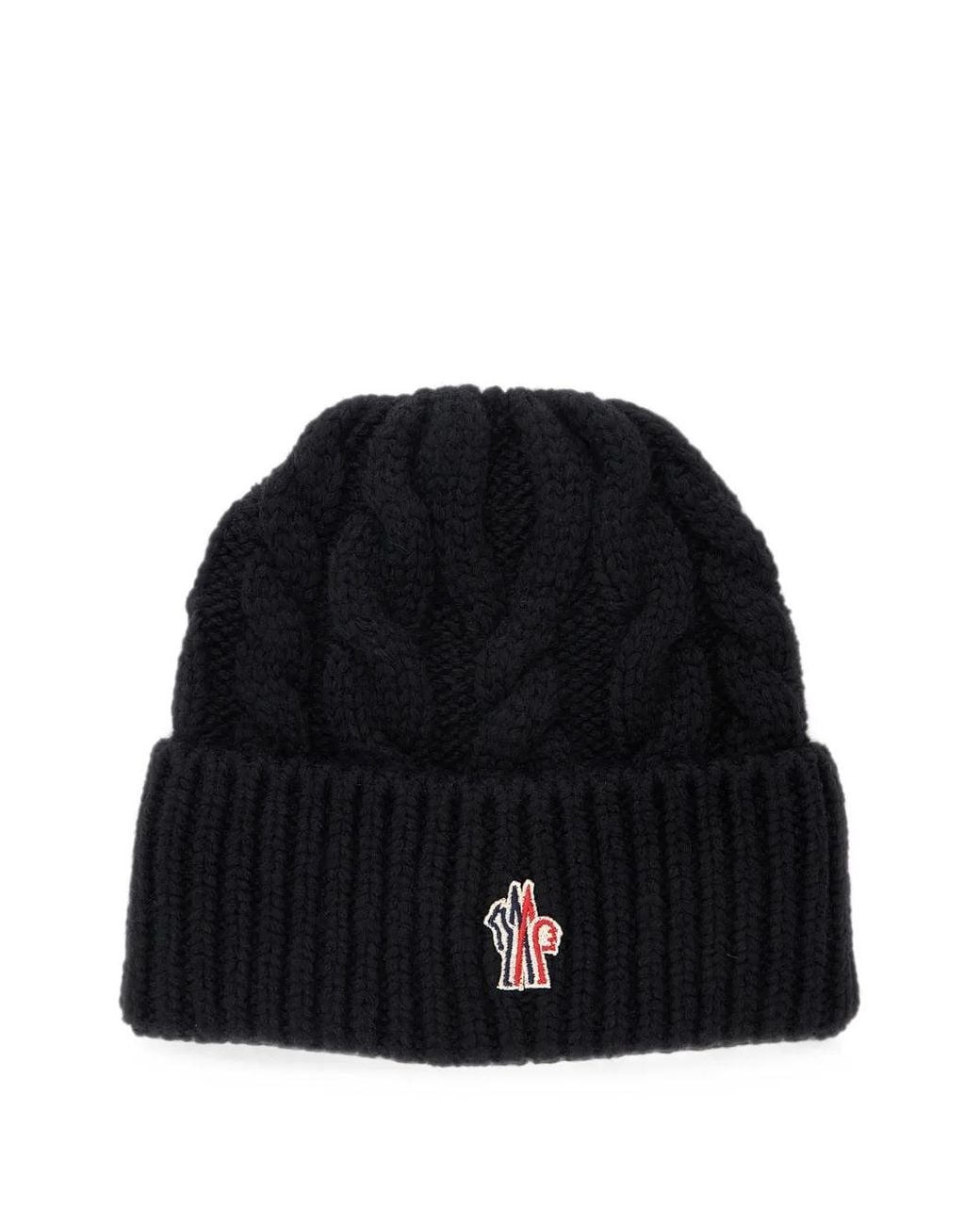 Moncler Black Cable-Knit Logo-Patch Beanie Hat