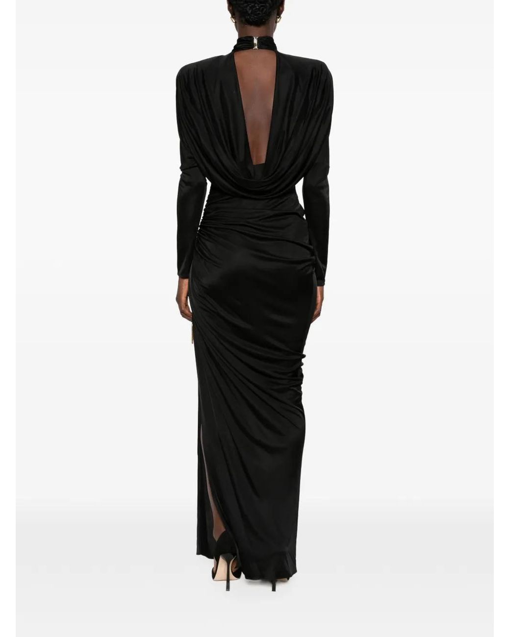 Balmain Black Gathered Open-Back Maxi Dress