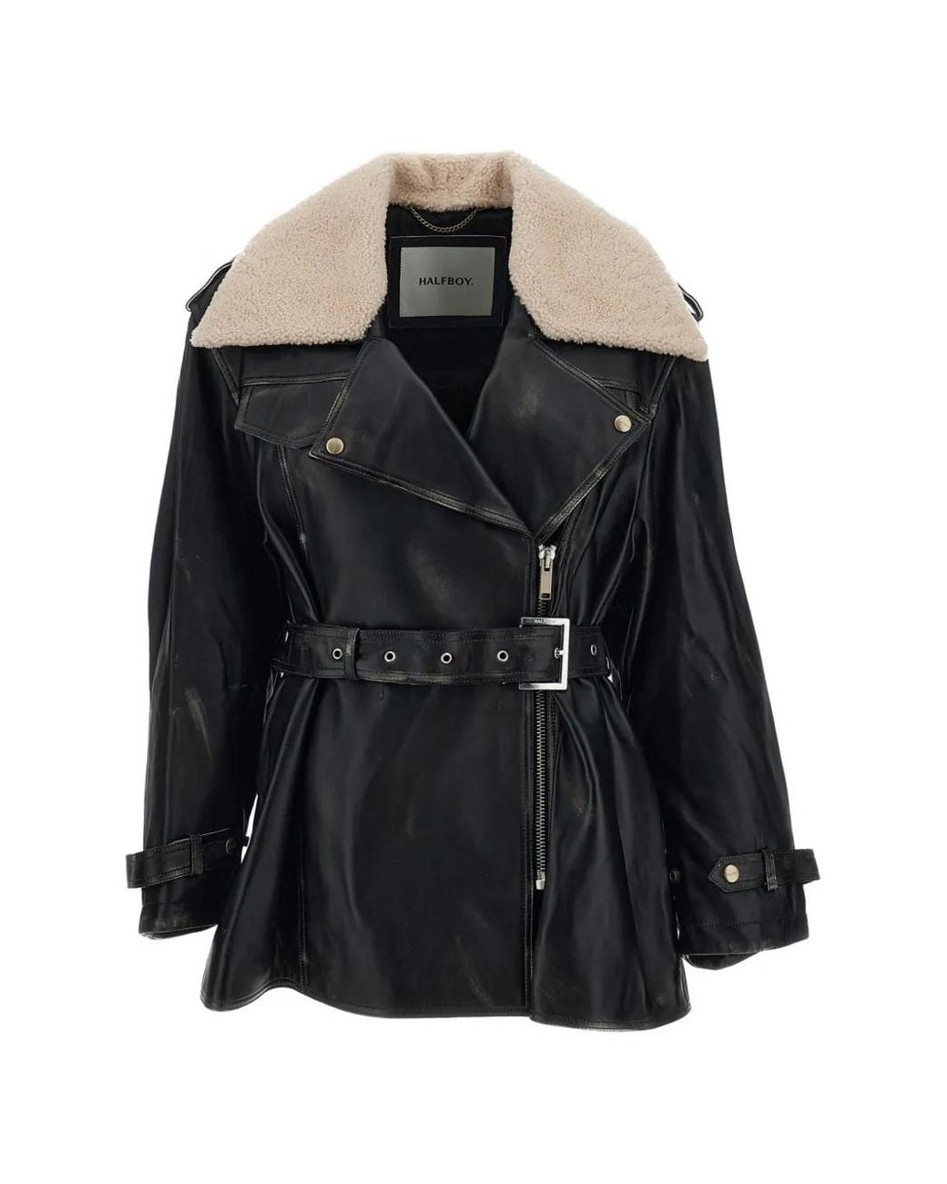 Halfboy Black Belted Shearling-Collar Biker Jacket