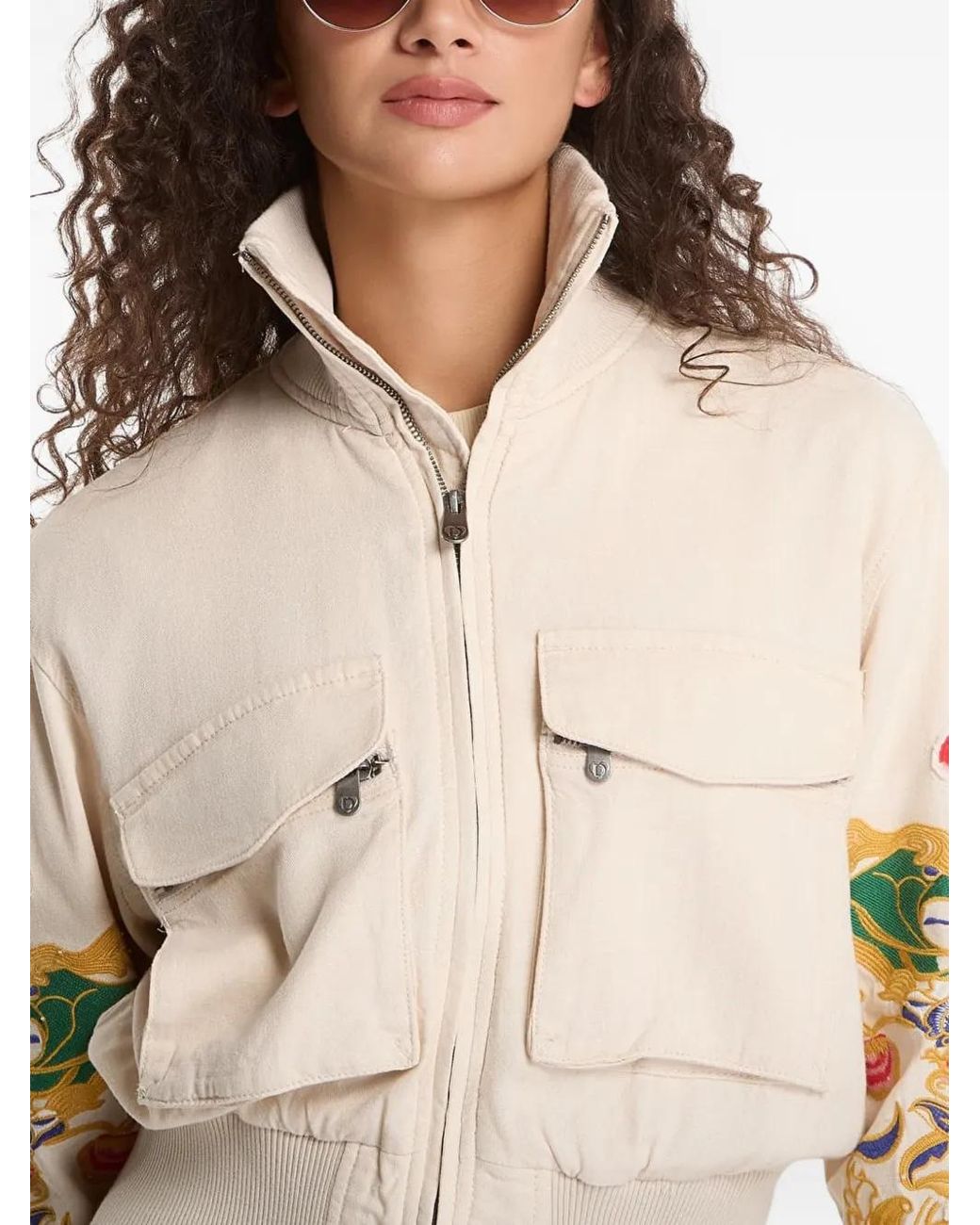 Desigual Natural Floral-Embroidered Zip-Up Jacket