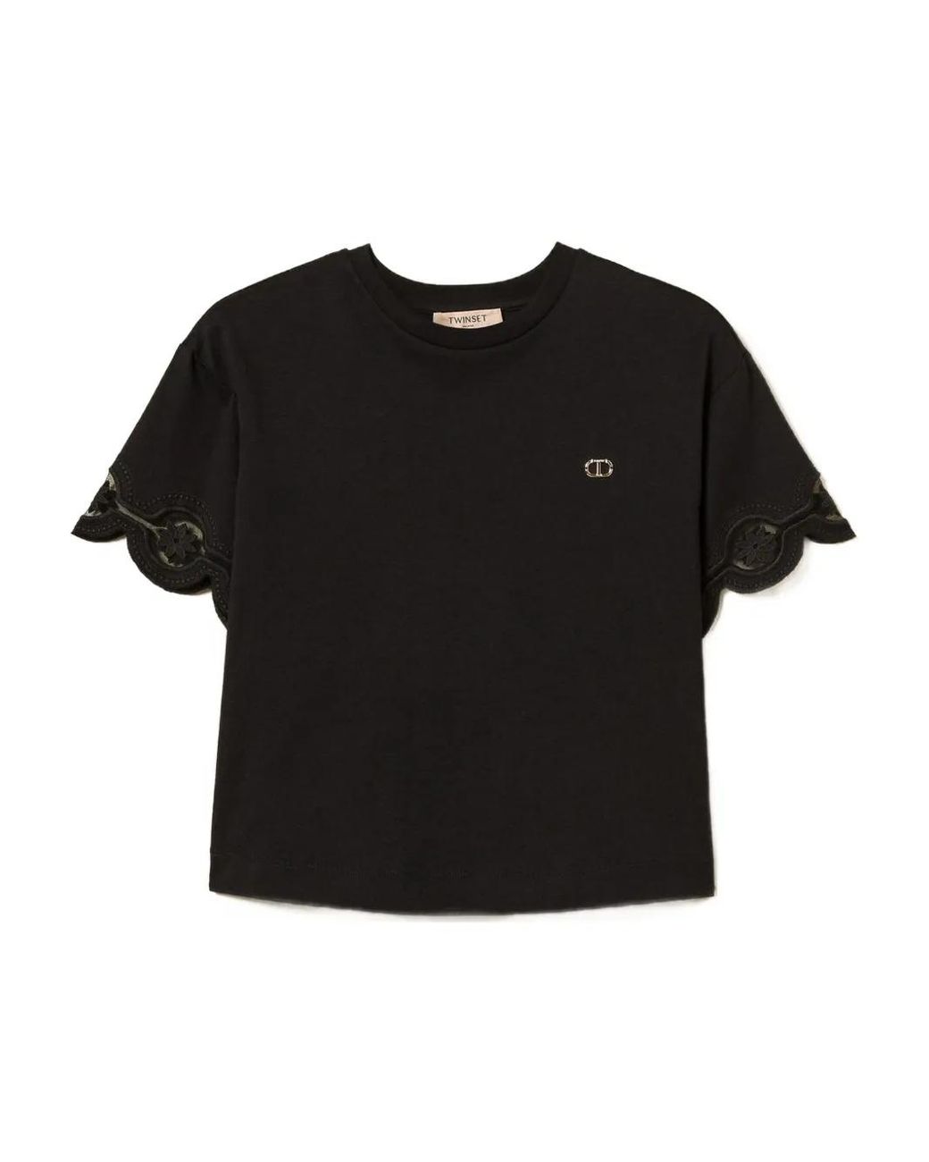 Twinset Black Scalloped-Lace Cotton T-Shirt