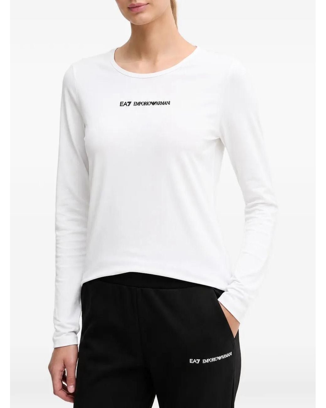 EA7 White Logo-Print Long-Sleeve T-Shirt