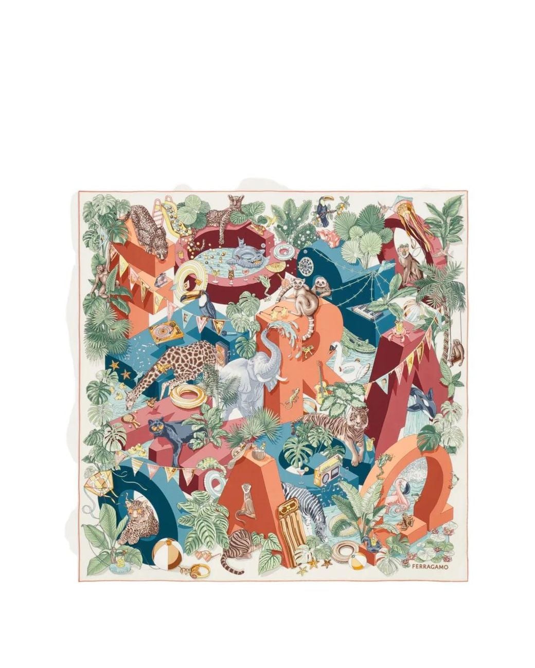 Ferragamo Natural Jungle Party Print Silk Scarf