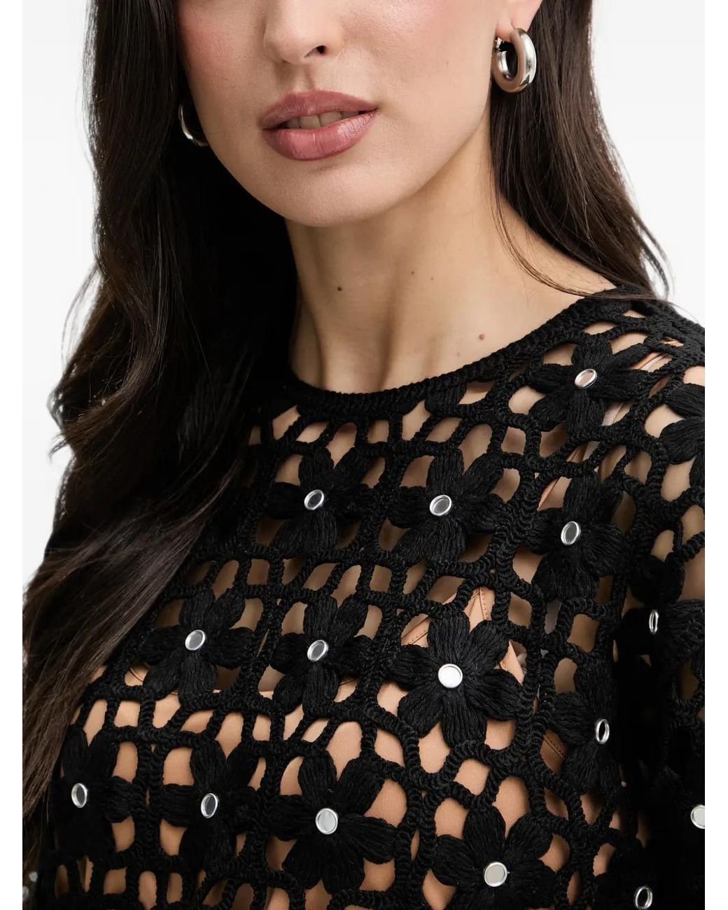 Michael Kors Black Mirror-Embellished Floral Crochet Top