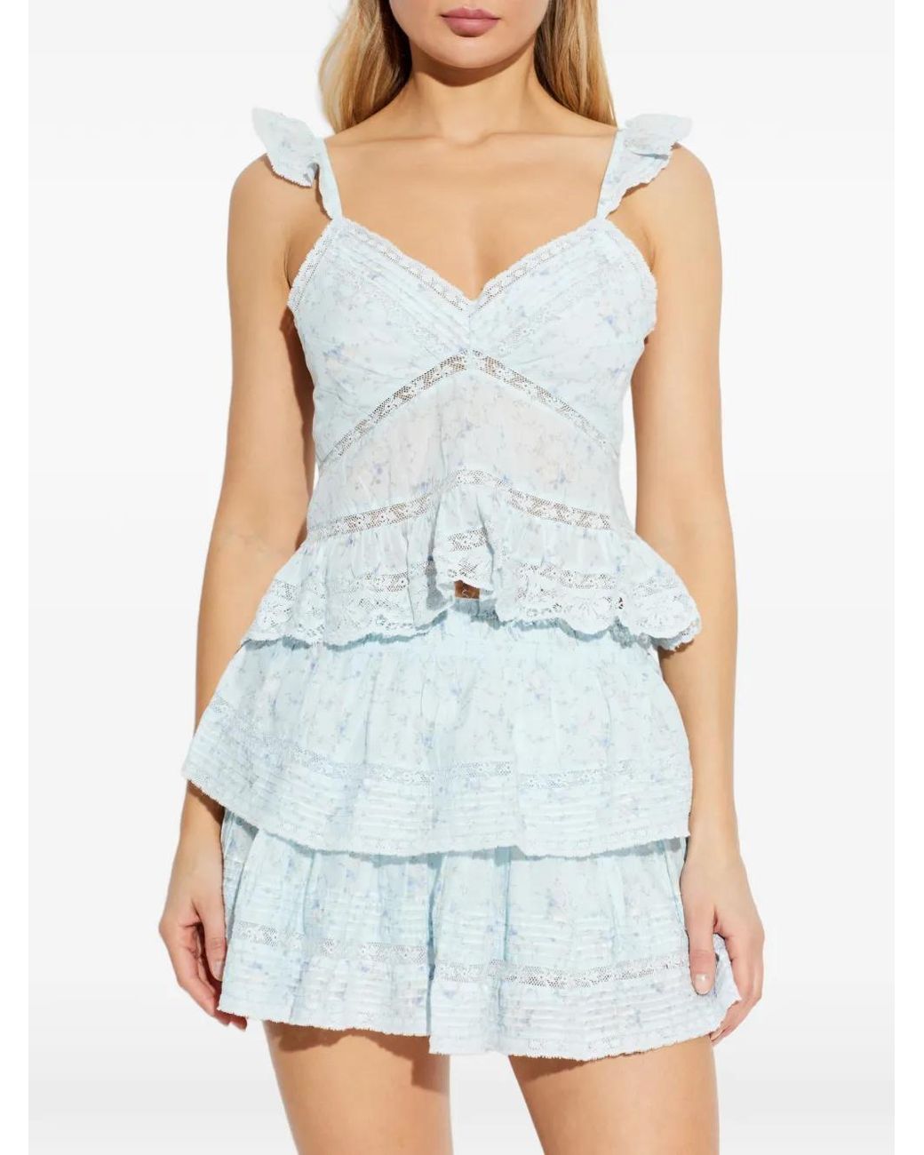 LoveShackFancy Blue Ruffled Floral Print Top