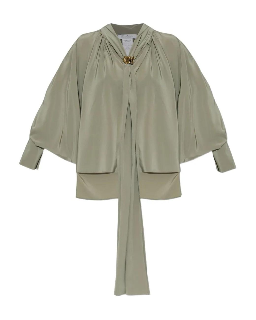 Max Mara Green Pleated Tie-Neck Blouse