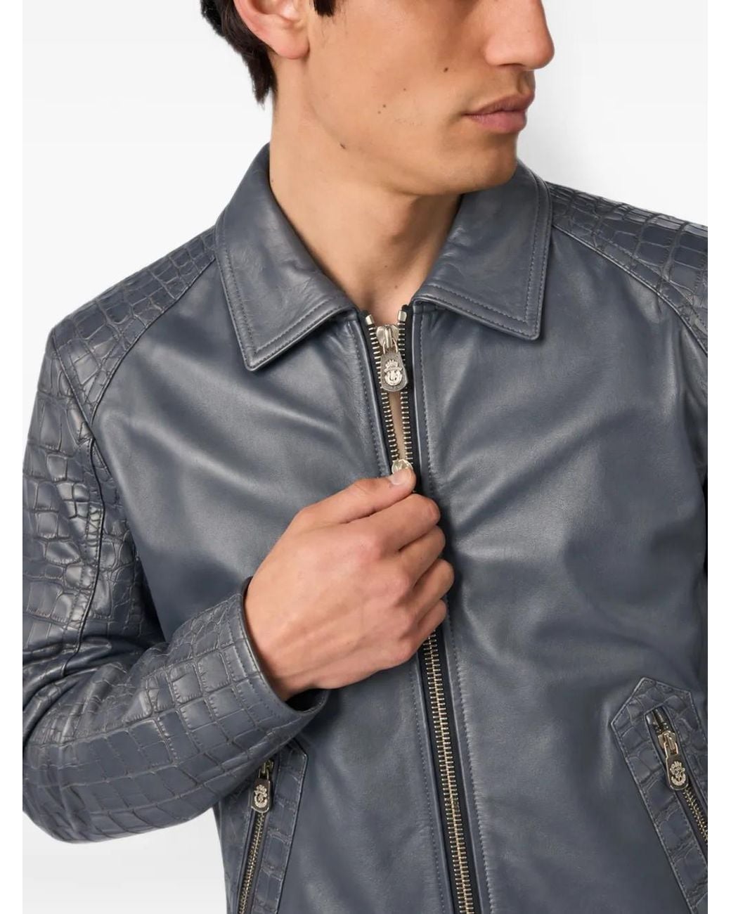 Billionaire Blue Crocodile-Effect Panelled Leather Jacket for men
