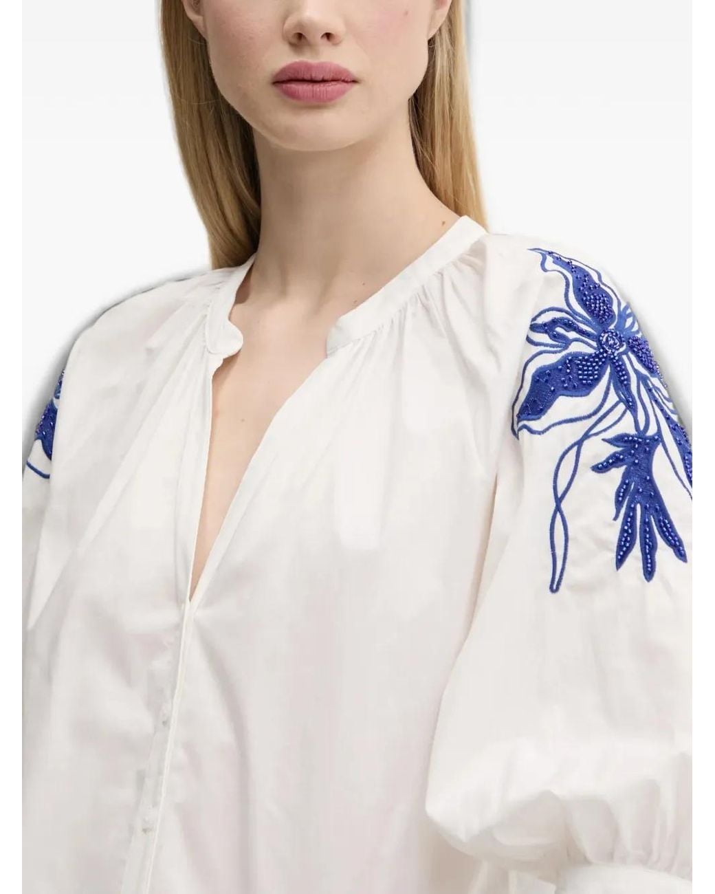 Desigual White Puff-Sleeves Beaded Floral Blouse
